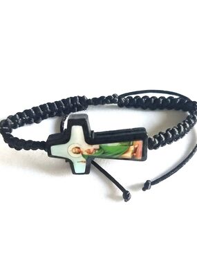 Religious Cross Macrame Bracelet in Black with Saint Jude Image